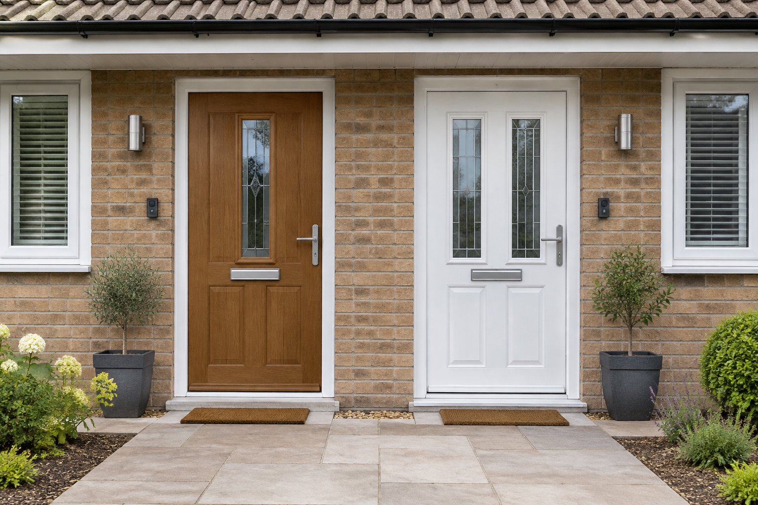Wood effect composite front door and white upvc front door